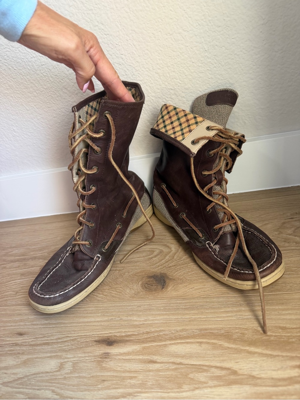 Sperry Dark Brown Leather Lace-Up Plaid Cuff Boots